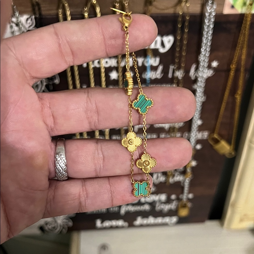 Gold and Green Clover Bracelet Stainless